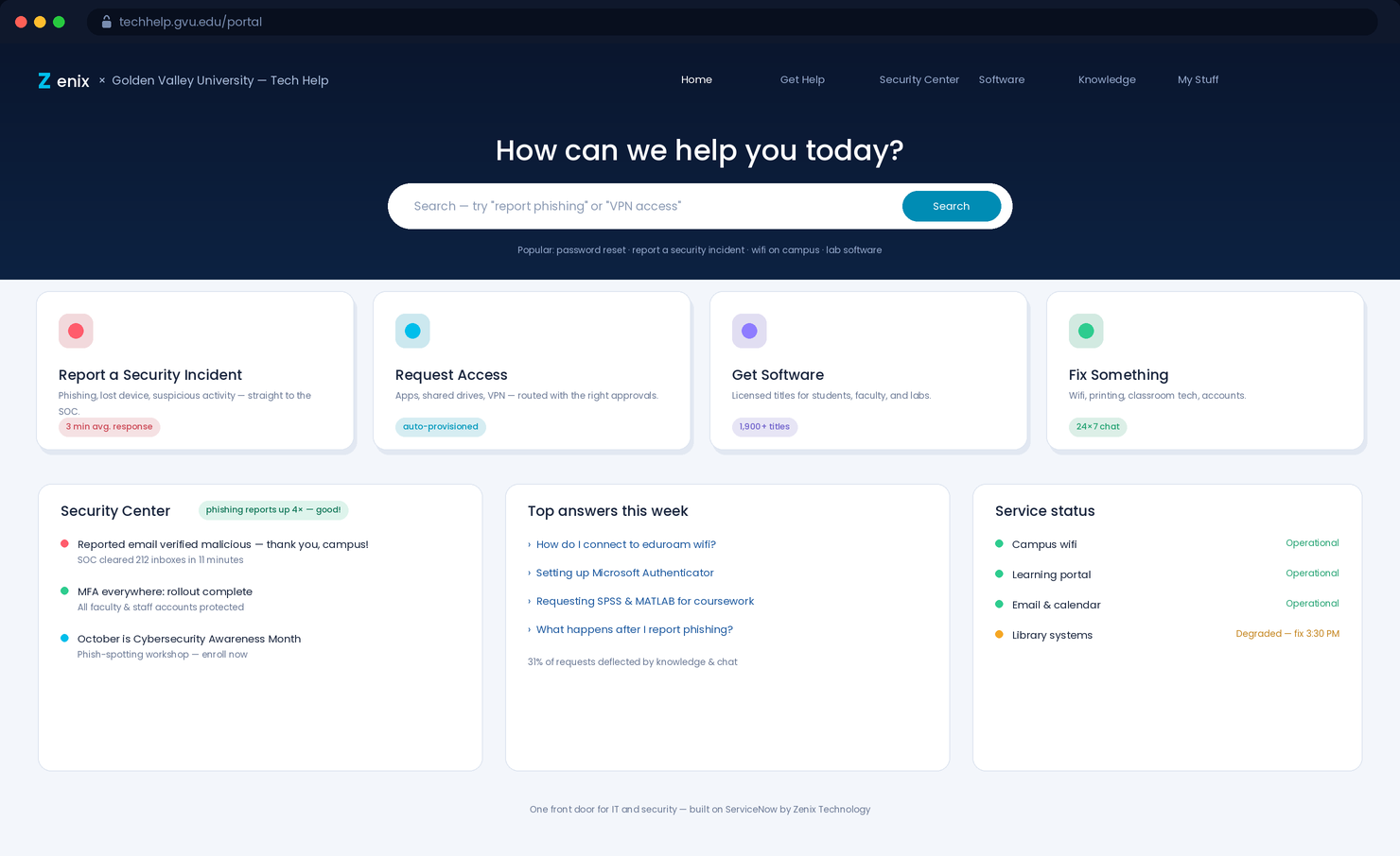 University service portal built on ServiceNow